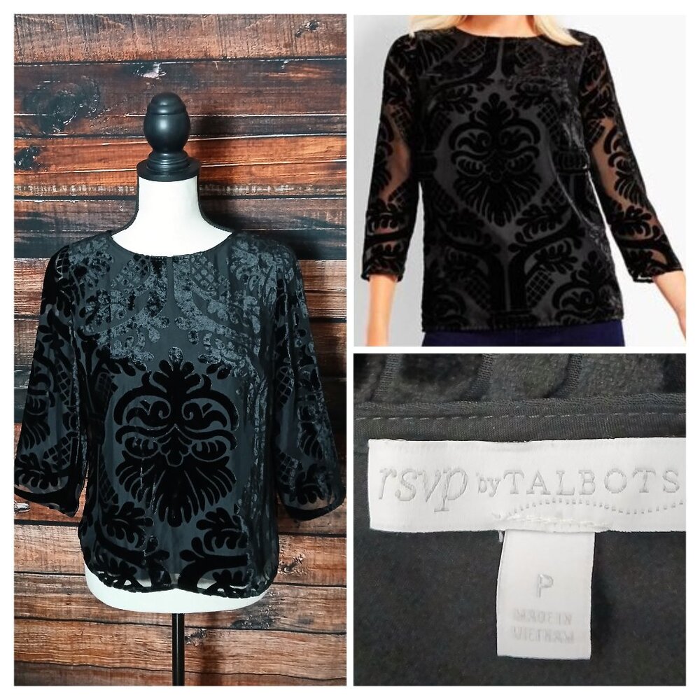 Talbots RSVP Top Size P Black Velvet Burnout 3/4 Length Sheer Sleeves Lined